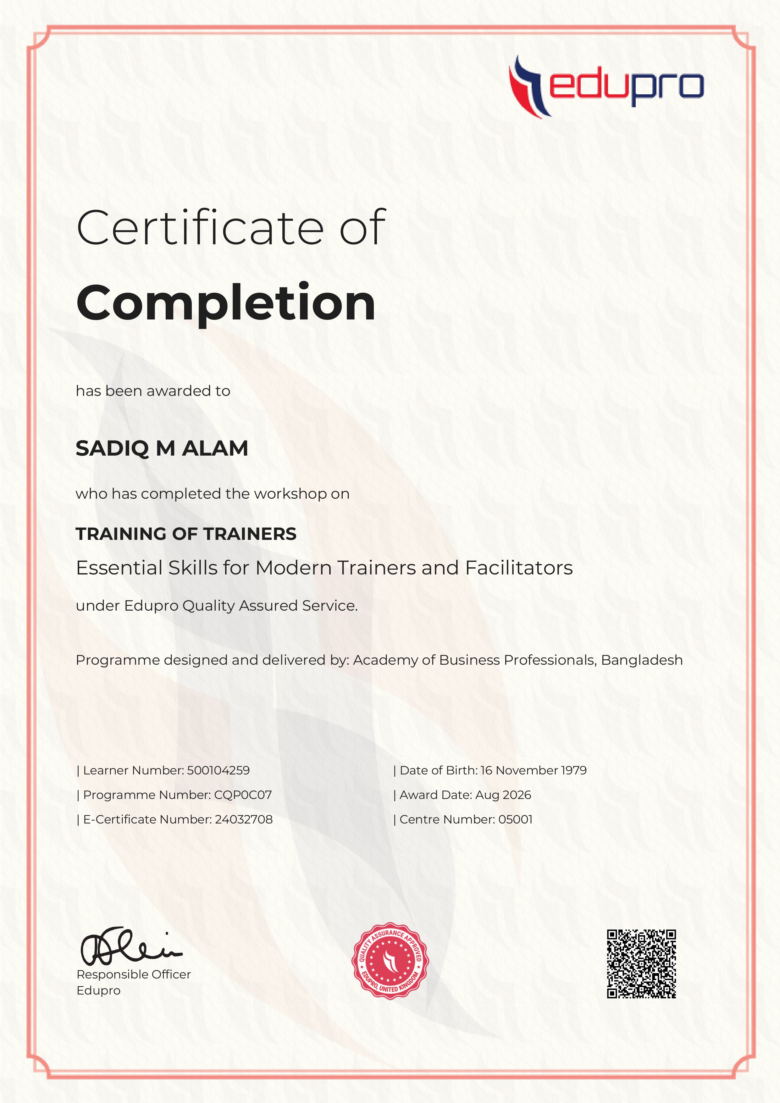 Certificate of Training for Trainers (ToT) - ABP & Edupro UK